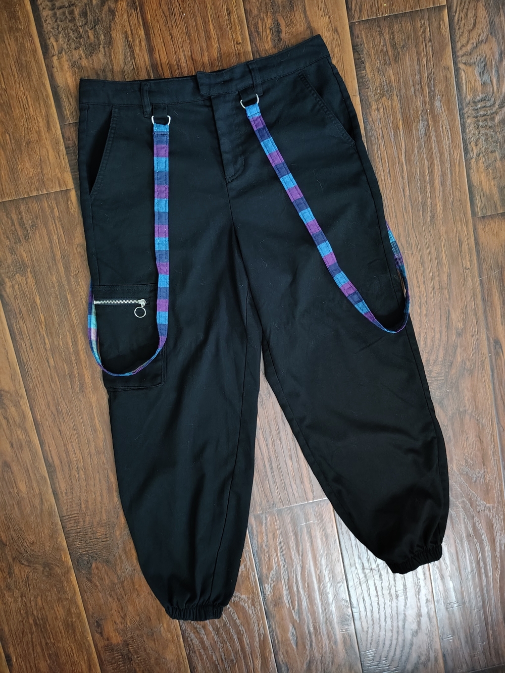 Custom Hot Topic black cargo pants with plaid straps cinched ankle cuffs Size 9
